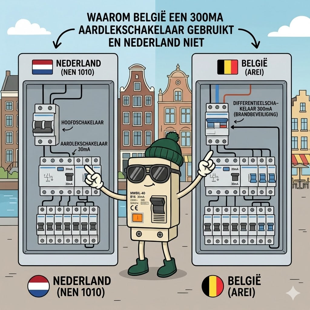 Waarom België een 300mA aardlekschakelaar gebruikt en Nederland 30mA