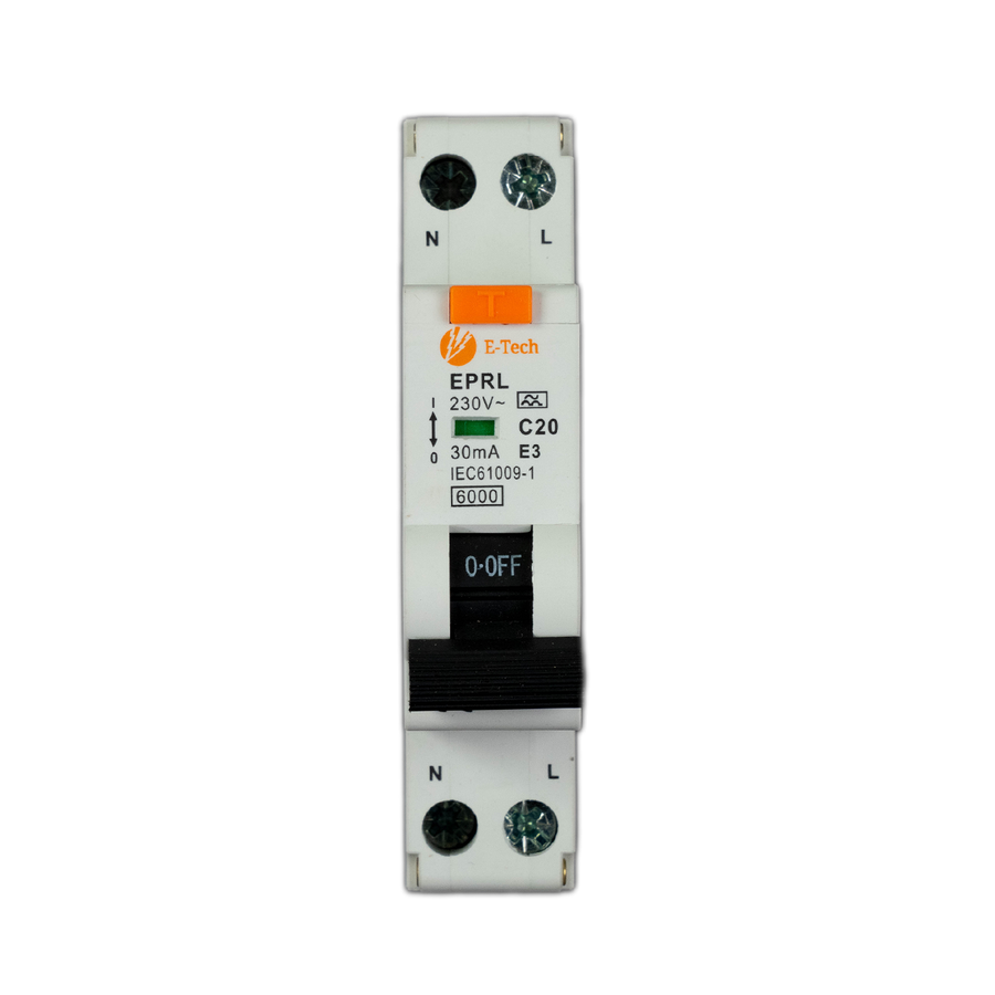 E-TECH 1-Fase Aardlekautomaat C20 30mA Type A 1P+N – 18 mm