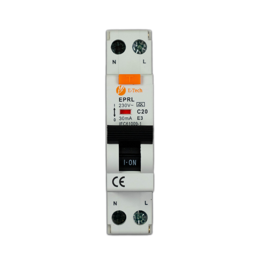 E-TECH 1-Fase Aardlekautomaat C20 30mA Type A 1P+N – 18 mm