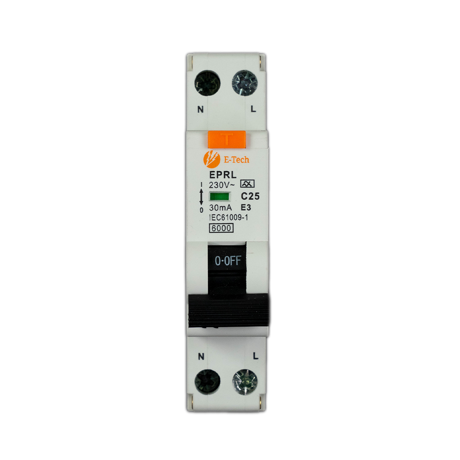 E-TECH 1-Fase Aardlekautomaat C25 30mA Type A 1P+N – 18 mm