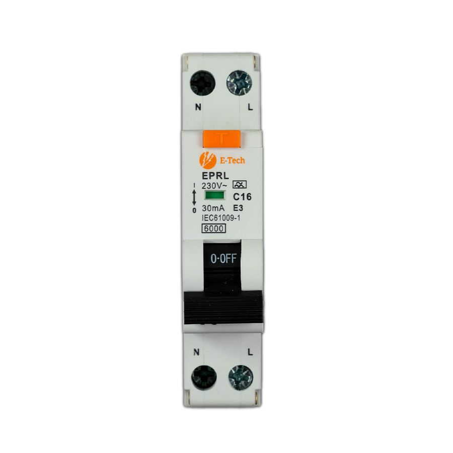 E-TECH 1-Fase Aardlekautomaat C16 30mA Type A 1P+N – 18 mm