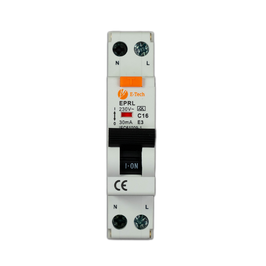 E-TECH 1-Fase Aardlekautomaat C16 30mA Type A 1P+N – 18 mm