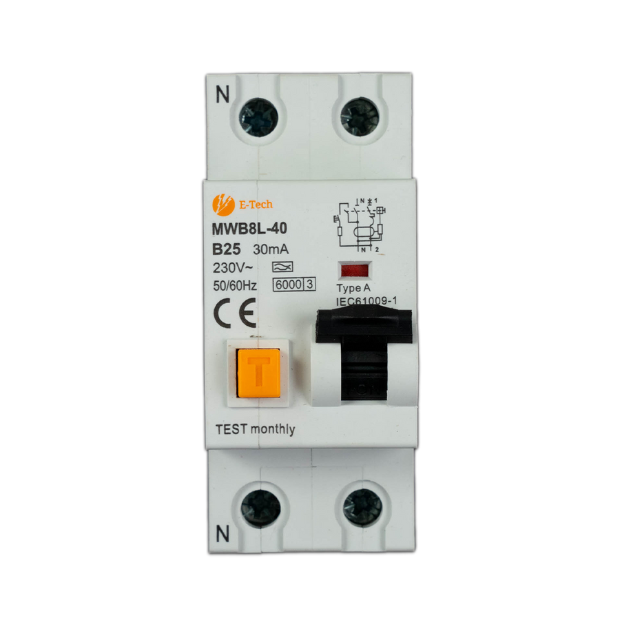 E-TECH Aardlekautomaat B25 30mA 1P+N 36mm